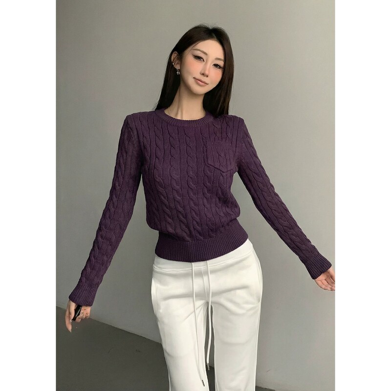 Chanel-Style Purple Soft Pullover Cable-Knit Sweater for Women, Loose Fit, Outerwear, Knitted Base Shirt, Top, Knitted Cardigan
