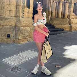 纯欲裙式比基尼泳衣女分体樱桃温泉风印花小胸聚拢性感度假游泳装