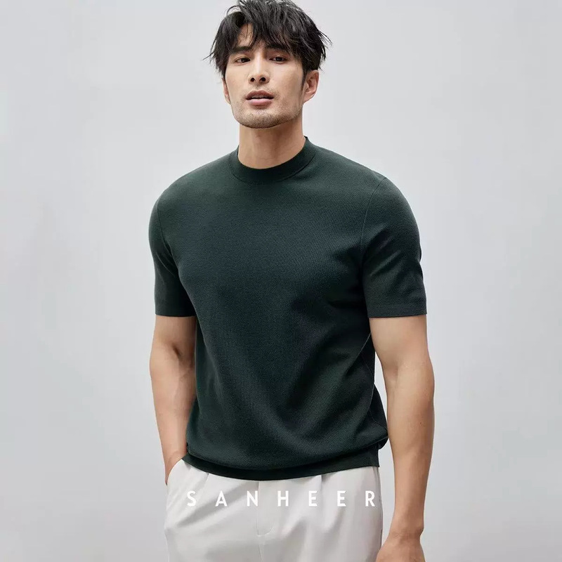 European and American tough guy mercerized cotton ice silk T-shirt muscle men's small neckline slim-fit short sleeve cool breathable knitted sweater thin
