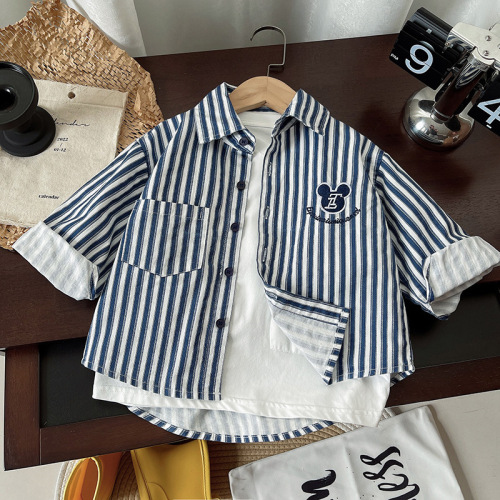 Cash in stock, embroidered blue strip shirt, boys 'fashionable striped shirt, children's thin coat, small and medium-sized children's casual shirt