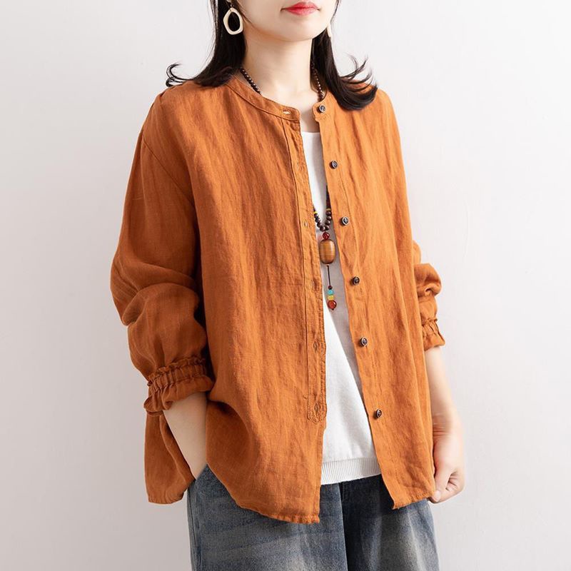 Artistic Retro Spring and Autumn Cotton Linen Shirt Women's Loose Round Neck Shirt Jacket Casual Jacket Neck Sleeve Top Women