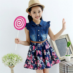 Children's dress new children's clothing spring middle and large children Korean version thin flying sleeve denim washed floral dress princess dress
