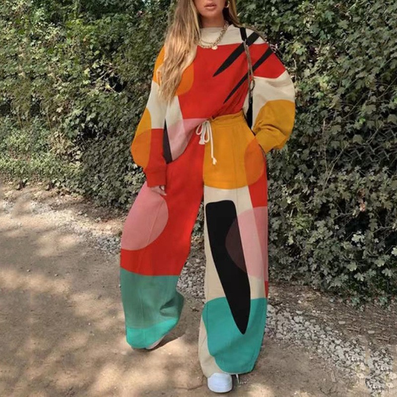 Conjunto de Sudadera Informal con Cuello Redondo y Estampado Holgado para Mujer, Estilo Europeo y Americano, Novedad de Comercio Exterior Transfronterizo para Otoño 2025
