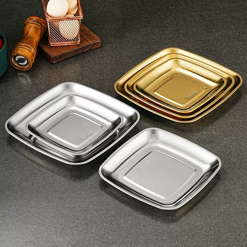 跨境304不锈钢多用方盘加厚肠粉盘金色四方盘家用烧烤盘凉拌菜盘