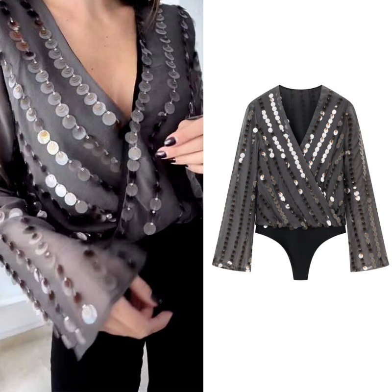 Wholesale export style, European and American style, French sexy style, sequined double-breasted long-sleeved V-neck jumpsuit 9589819