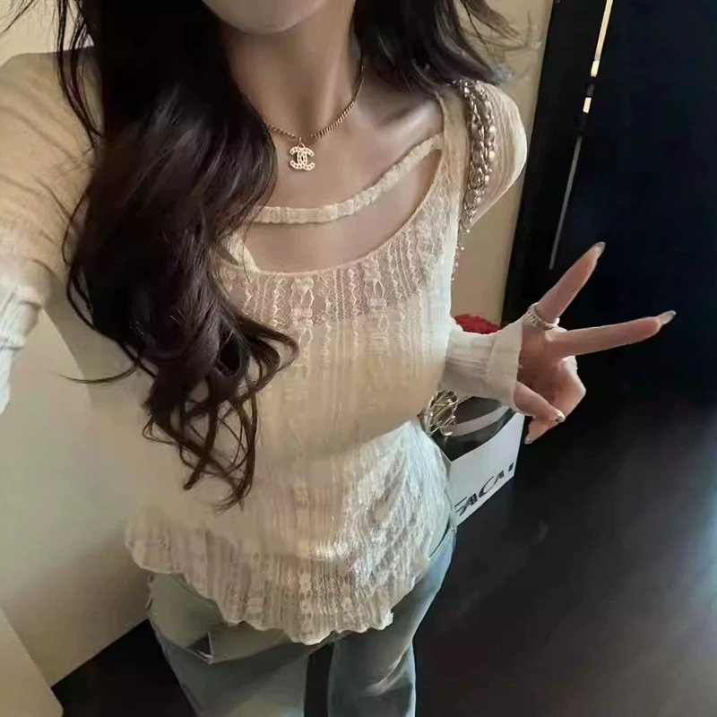 Sun Protection Cover-Up for Women, Summer Thin Outerwear, Round Neck Irregular See-Through Mesh Base Shirt, Long-Sleeve Short Shawl for Women