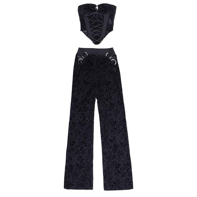 Flocking Lace Up Waist Tube Top Top Trousers Suit Spring Two Piece Suit