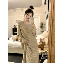 跨境专供外贸女士韩系条纹简约舒适睡裙休闲宽松慵懒家居服送头花