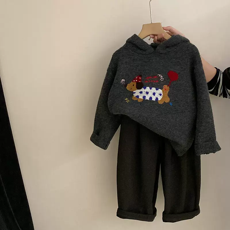韩版女童秋冬新款卡通小狗针织毛衣2025纯色加绒宽松休闲裤两件套
