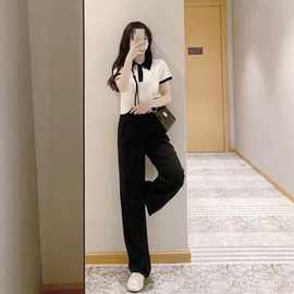 气质时尚套装2024夏季韩版polo短款上衣高腰显瘦阔腿西装裤学生女