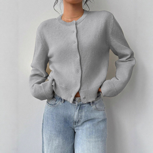 European and American Autumn/Winter Cross-Border Knitwear Women's Fashion Thin Round Neck Long Sleeve Button Short Version Loose Cardigan Top Outerwear