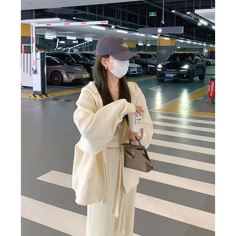 优质慵懒风秋冬款奶黄色开衫拉链连帽卫衣女百搭大码宽松韩版外套|undefined