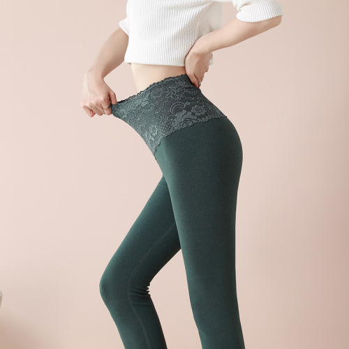 German Fiber Boneless High-Waist Fitted Leggings for Women Winter Elastic Close-Fitting Lace Edge Warm Pants