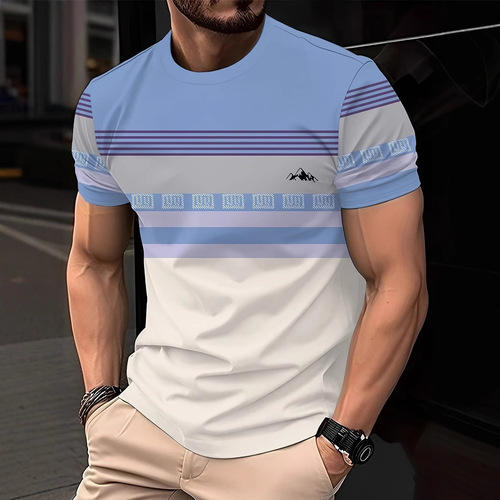 Summer High-Quality Striped Short-Sleeve T-Shirt for Men, European and American Fashion, Casual Style, 3D Printed Crew Neck Short Sleeve