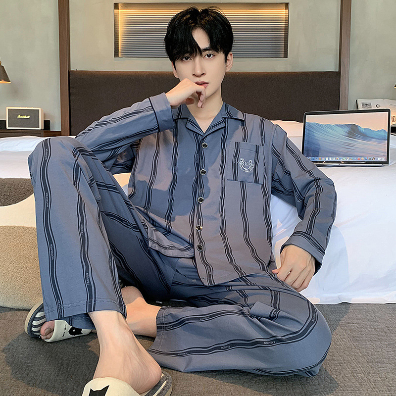 2025 新しいパジャマメンズ秋と冬の綿ルーズ長袖カーディガンラペルハイエンドホームウェアセット