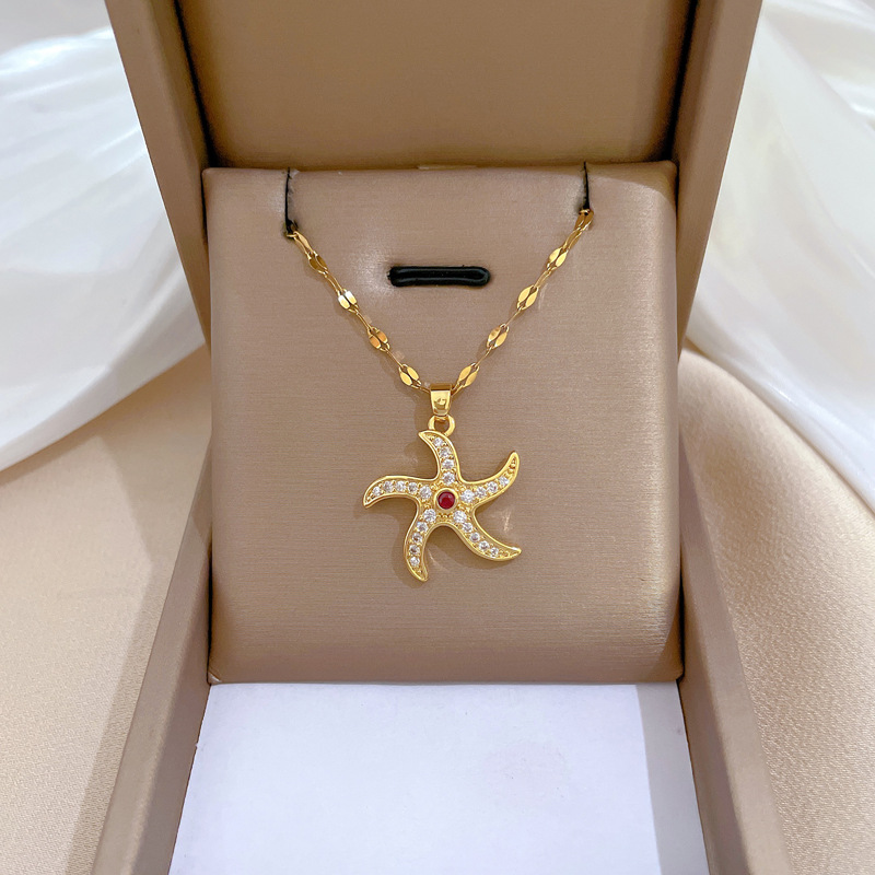 Wholesale Casual Simple Style Starfish Titanium Steel Copper Inlay Zircon Pendant Necklace display picture 7