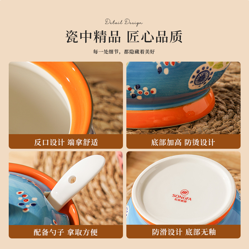 Porcelana pintada a mano esmaltada de color cerámico con sabor, grasa doméstica, grasa de cerdo con cuchara de cubierta, grasa de cerdo resistente a altas temperaturas