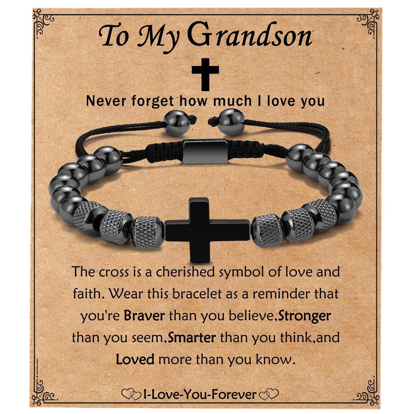 크로스 땋은 팔찌 파인애플 비즈 마그네틱 비즈 검은 담석 남자 팔찌 아버지의 날 선물 신앙 십자가 팔찌