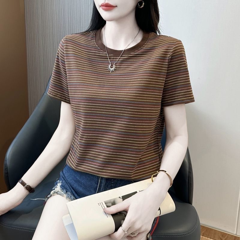 Striped T-shirt Large Size Women's Clothing New Summer Clothing Foreign Style Shirt Age-reducing Casual Loose T-shirt Short-sleeved Top_ecoleips.com