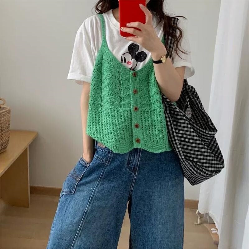 Korean-Style Sweet Hollow-Out Single-Breasted Knitted Camisole for Autumn Layering, Age-Reducing Sweater, Short Wavy Pattern Vest Korean-Style Sweet Hollow-Out Single-Breasted Knitted Camisole for Autumn Layering, Age-Reducing Sweater, Short Wavy Pattern Vest