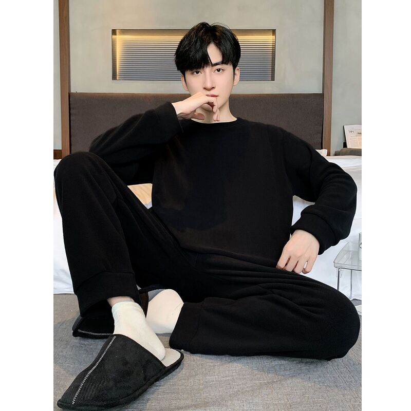 New Polar Fleece Pajamas Men's Autumn and Winter 2025 Thick Pure Color Warm Casual Loose Home Wear Set
