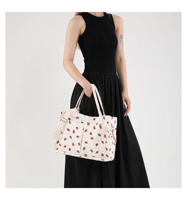 300g Weight Polyester Lining Material Zipper Closure Type Single Shoulder Strap Strap Type Tote Bag Bags Type Casual, School Occasion Corduroy Material Solid Color, Strawberry Pattern All Seasons Season Women's Gender Basic, Classic Style Style Square Shape Large Size Women's Large Corduroy Solid Color Strawberry Basic Classic Style Square Zipper Tote Bag 5