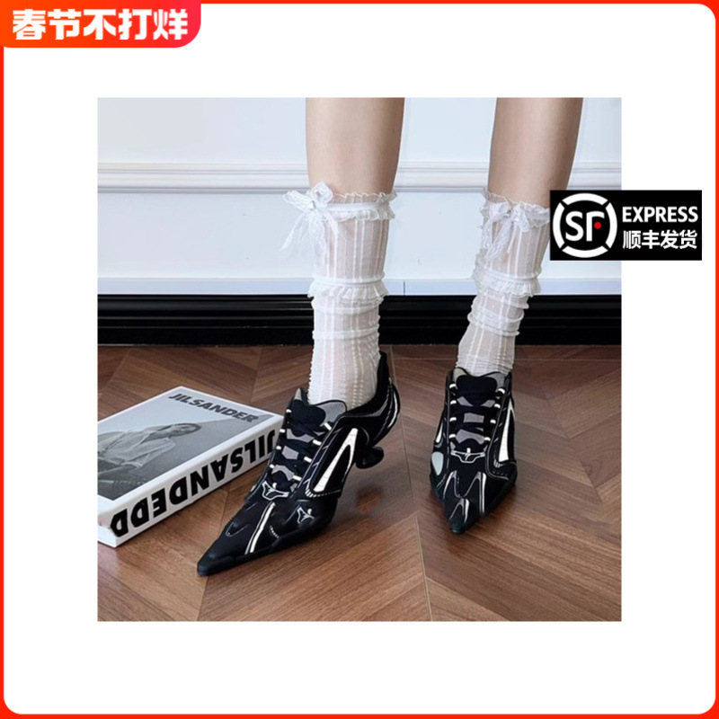 [in stock] Black Sports Ballet Casual Lace-up German Training Shoes Women's Niche High-end Pointed High-heeled Shoes