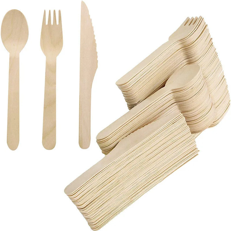 Disposable Biodegradable Eco-Friendly Wooden Cutlery Set Simple Camping Utensils Fork, Knife, Spoon