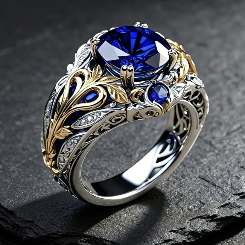 Fashionable two-color retro sapphire ring