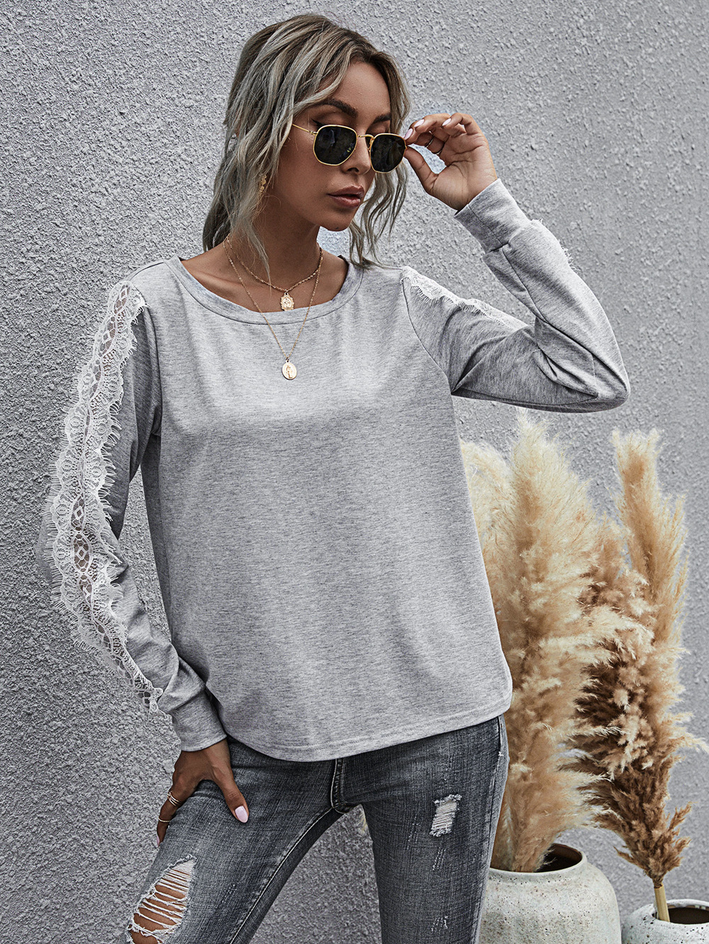 solid color lace long sleeve top NSDF28172