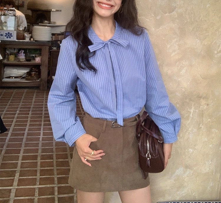 转角街头 蓝色蝴蝶结绑带条纹衬衫女长袖衬衣气质上衣|undefined