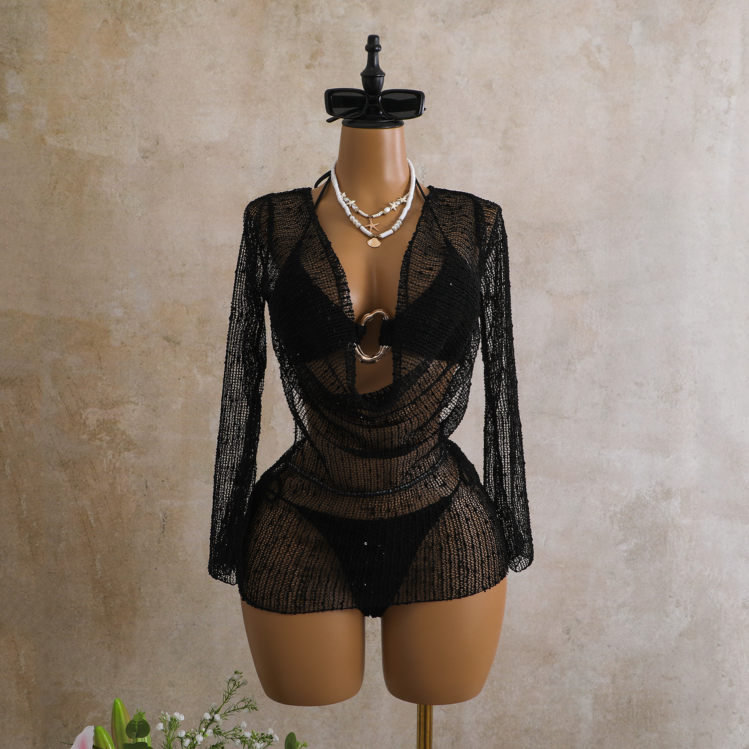 Women's Clothing Women's Long Sleeve Mesh Swimsuit Bikini Style Drum Neck Special Sequin Three Piece Quick-Dry Polyester, Modest Coverage_voghion.com