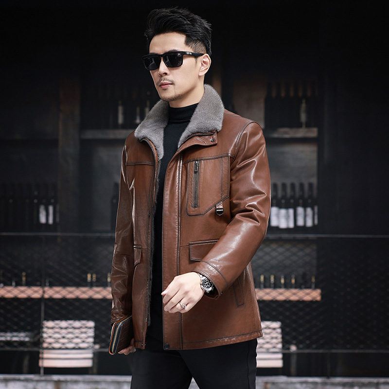 Genuine Leather Men's Mink Liner Suede Fur Integrated Mink Coat Mid-length Lapel Winter Coat