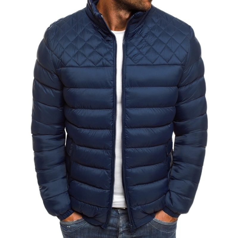 2021 New Winter Solid Color Stand up Collar Jacket for Men's Shoulders, Chest, Diamond Grid Seam Jacket, Loose Cotton_voghion.com