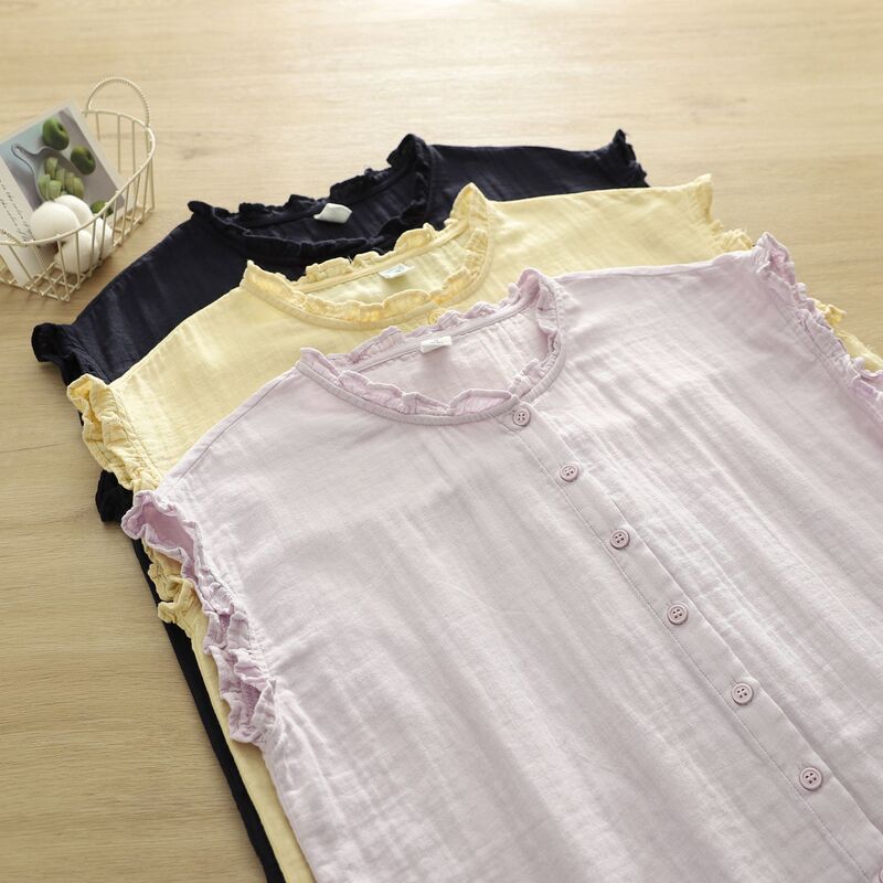Direct Sale from the Manufacturer: Double-Layer Cotton Gauze Short-Sleeve Women's Shirt, Japanese-Style Artistic Ruffled Pure Cotton Women's Blouse Direct Sale from the Manufacturer: Double-Layer Cotton Gauze Short-Sleeve Women's Shirt, Japanese-Style Artistic Ruffled Pure Cotton Women's Blouse