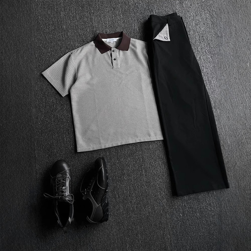 Brown Spliced Houndstooth Polo Shirt Summer Clothes American Cleanfit Old Money Style Short-Sleeved T-Shirt for Men