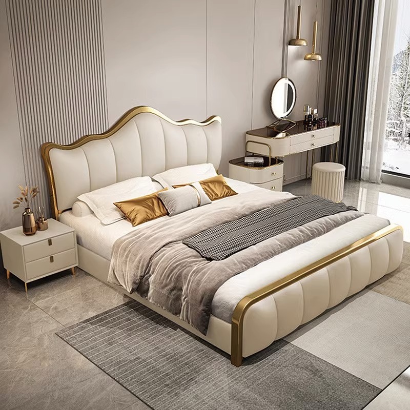 Cama de cuero ligera de lujo, cama principal, cama queen, habitación moderna y minimalista, cama doble para adultos, cama de matrimonio de lujo de alta gama, paquete flexible, cama italiana.
