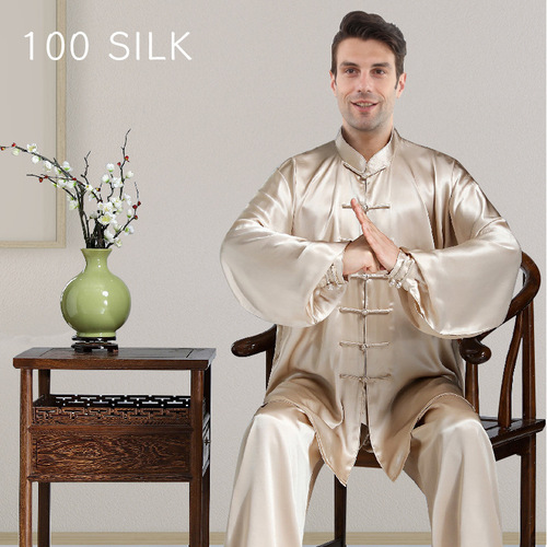 New Men's Silk 19mm Tai Chi Uniform Wholesale 100 Mulberry Silk Sports Morning Exercise Clothes Competition Martial Arts Uniform