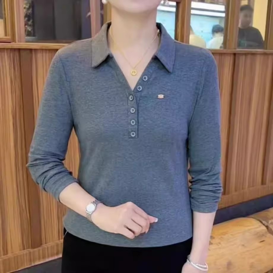 Spring thin and versatile elegant polo collar base layer shirt, plus size, stylish striped slimming long sleeve women's collar shirt