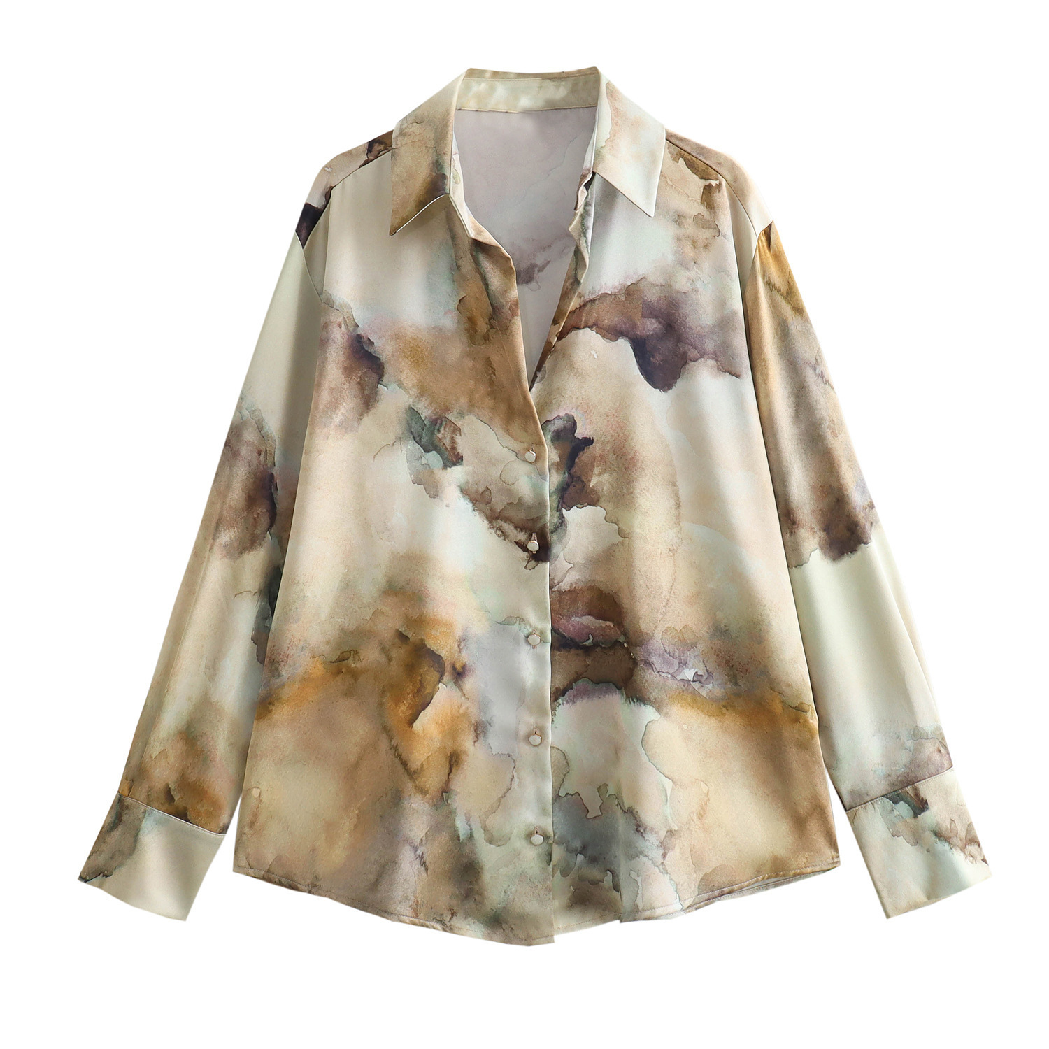 182g Weight Long Sleeve Sleeve Length Satin Fabric Type Skirt Co-ord Set Sets Type Casual, Holiday Occasion Shirt Collar Neckline Regular Fit Fit Type Tie Dye Pattern Spring, Autumn Season Women's Gender Printing, Button Design Elegant, Streetwear Style Casual Holiday Women's Elegant Streetwear Tie Dye Satin Printing Button Skirt Co-ord Set Skirt Sets 1