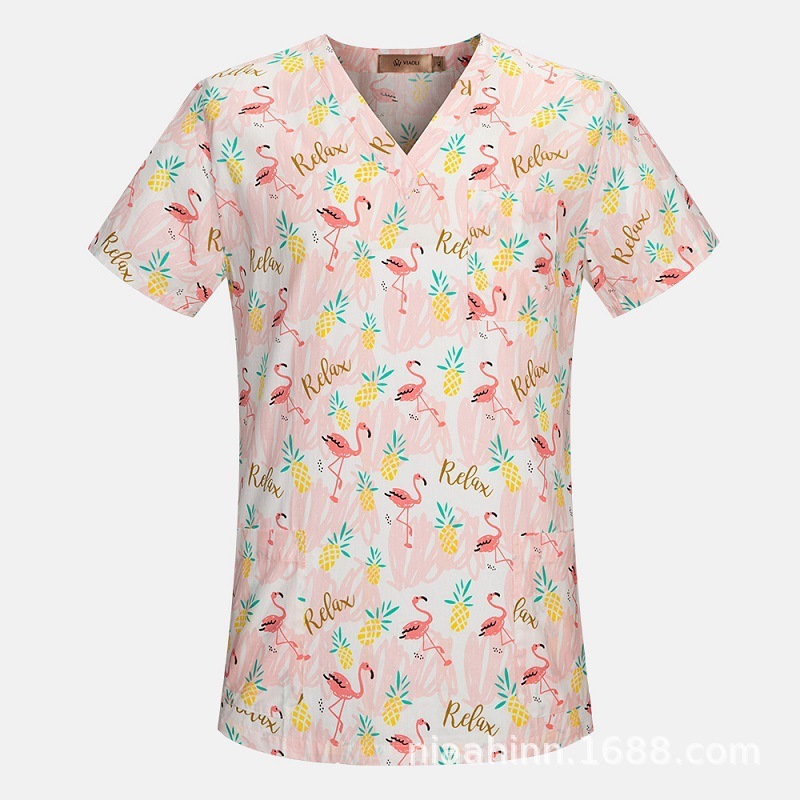 国境を越えたアマゾンの爆発的なアニメプリント看護師服女性vネック半袖tシャツ上着手術服作業服男性|undefined