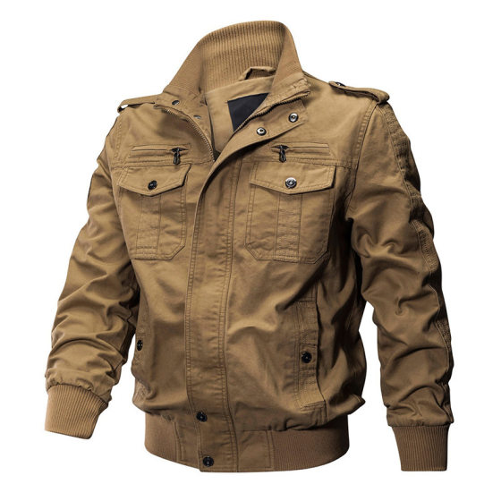 Cross-Border Amazon Casual Solid Color Jacket Zipper Pocket Stand Collar Large Size Jacket Men's Pure Cotton Thin Autumn Top