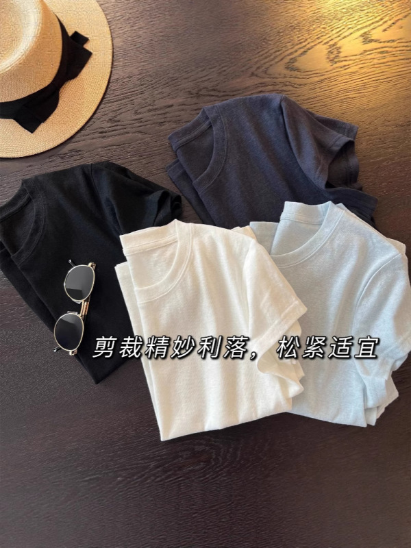 夏用の女性用テクスチャードショルダーソリッドカラーカジュアルラウンドネック半袖Tシャツ、ゆったり、多用途、スリム、通気性、薄い半袖|undefined