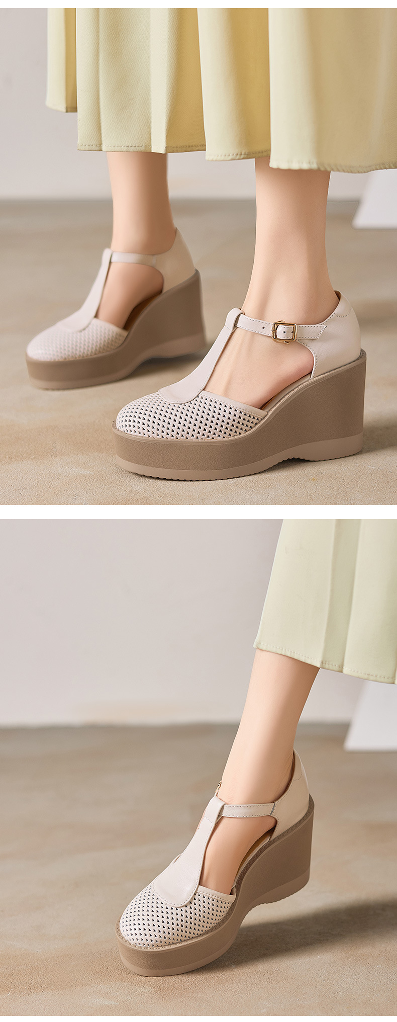 Sandal cao gót nữ đế dày 9.5 cm quai khóa chữ T phong cách tổ chim — màu trắng ngà chi tiết 7