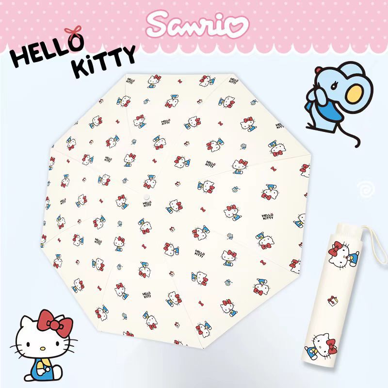 Genuine Sanrio Umbrella Black Rubber Sunshade Umbrella Sunny and Rainy Dual-purpose Sunscreen and UV Protection Portable Cartoon Three-fold Umbrella