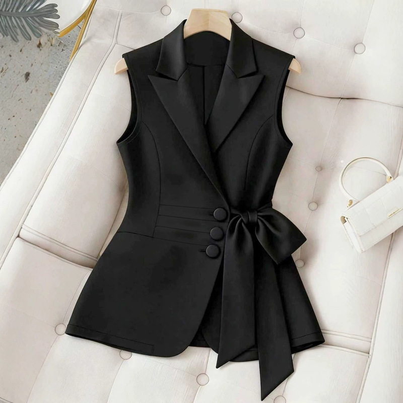 High-End Black Suit Vest for Women, Spring and Autumn Style, Waist-Cinching with Tie, Bowknot, Sleeveless Outerwear Vest Nk-Wry-59