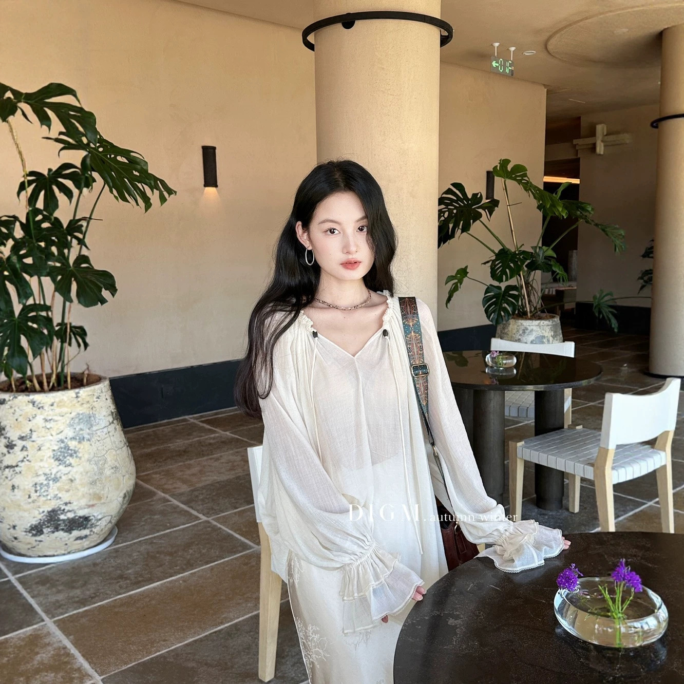 2026 Autumn [DIGM] French Gentle Temperament Solid Color Textured Double-Layer Ruffled Sleeve Design Loose and Slimming Top
