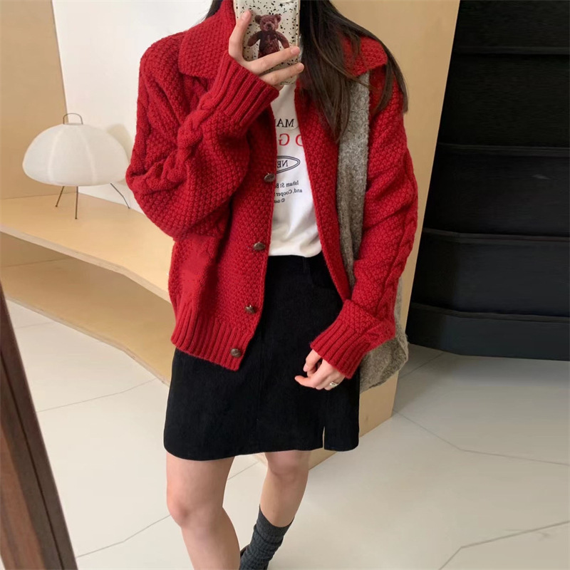 学院风翻领软糯麻花毛衣女外套春季新款宽松小个子短款针织开衫女|undefined