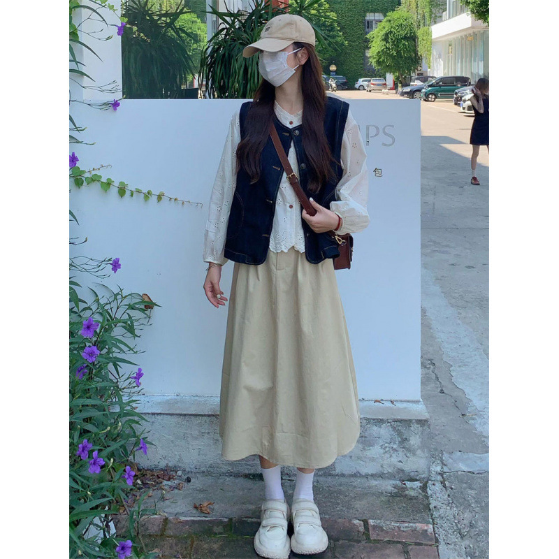 韩系通勤风穿搭一整套牛仔背心马甲刺绣衬衫高腰半身裙子女学生|undefined