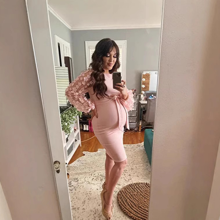 European and American Women's Flower Long Sleeve Elastic Pregnant Women's Crewneck Trailing Dress Photo dress European and American Women's Flower Long Sleeve Elastic Pregnant Women's Crewneck Trailing Dress Photo dress